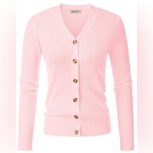 Grace Karin pink button-down cardigan sweater.